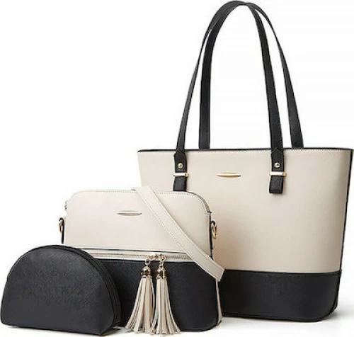 Cardinal 2003 Γυναικείες Τσάντες Σετ Shopper 'Ωμου Λευκό/Μαύρο