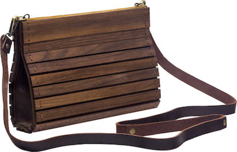 Χειροποίητη τσάντα clutch από ξύλο καρυδιάς και δέρμα - Double O