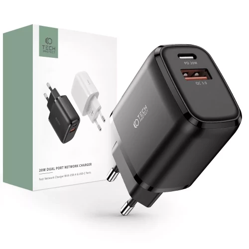 Tech-protect C20w 2-port Charger Pd20w/qc3.0 Black