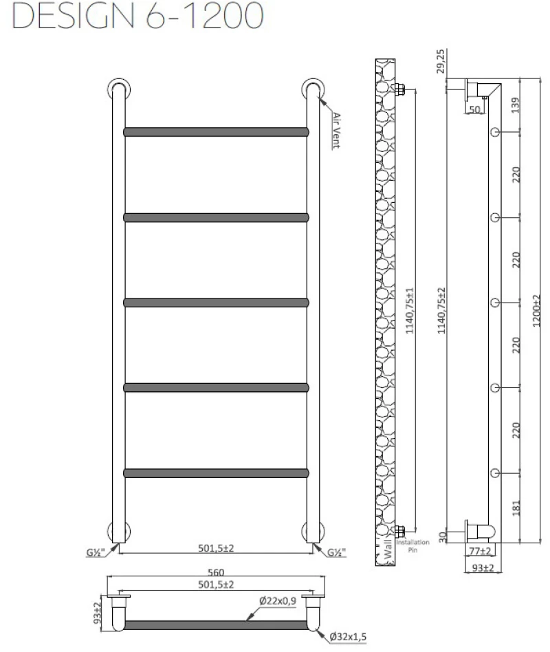 Karag Design 6-1200 Bianco 56x120 - Θερμαντικό Σώμα Μπάνιου