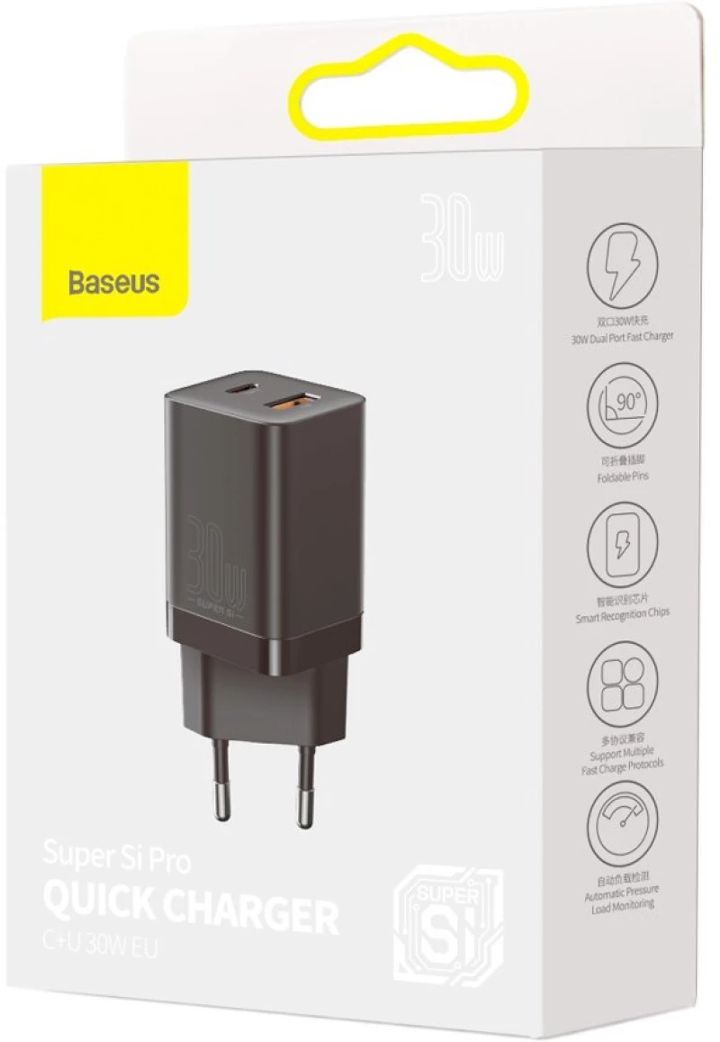 Baseus Super Pro Fast Wall Charger Usb Usb Type C 30w Power Delivery Quick Charge Black Ccsupp-e01