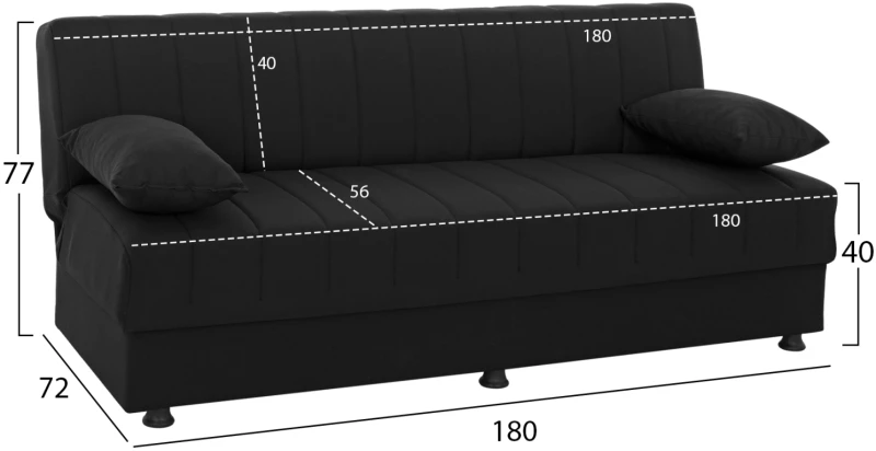 Καναπεσ Κρεβατι Andri Τριθεσιοσ Μαυροσ Hm3239.01 180x72x77 Εκ.