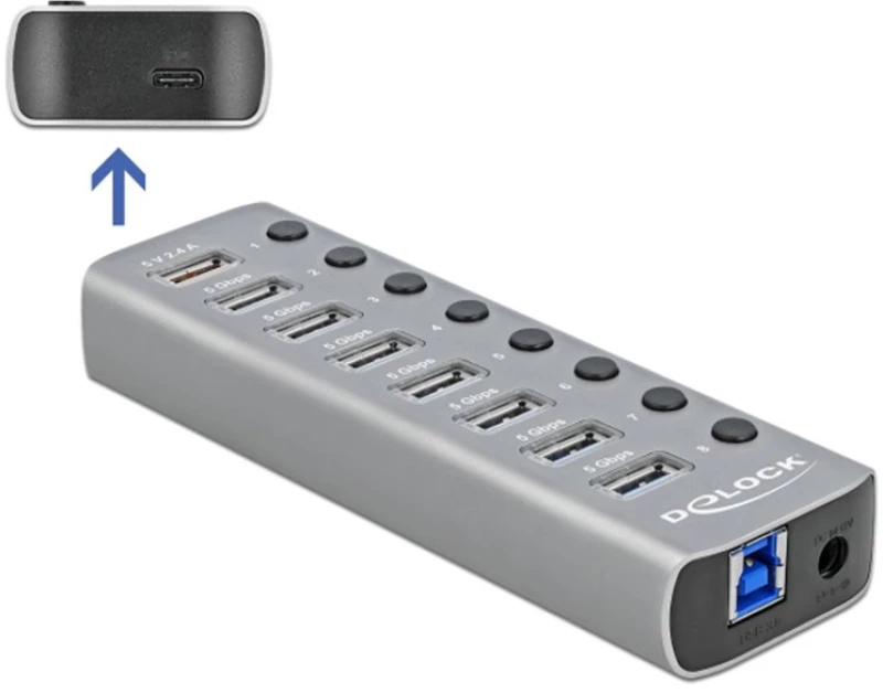 Delock Usb Hub Με Διακόπτες 63264, 8x Usb & Usb-c Pd, 5gbps, 2.4a, Γκρι