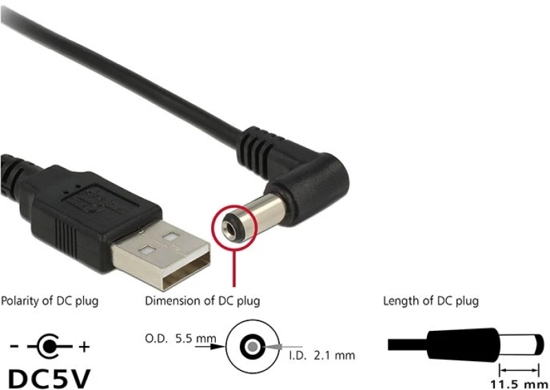 DELOCK καλώδιο USB σε DC 5.5 x 2.1mm 83578, γωνιακό, 1.5m, μαύρο