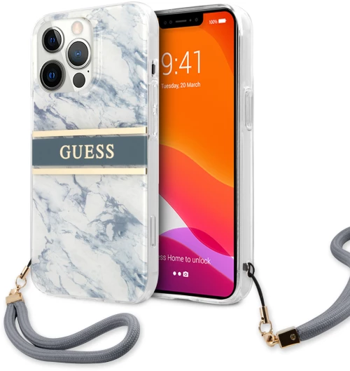 Guess "Marble Collection" Printed Stripe Θήκη προστασίας με όψη μαρμάρου και κορδονάκι χειρός – iPhone 13 Pro (Μπλε/Λευκό)