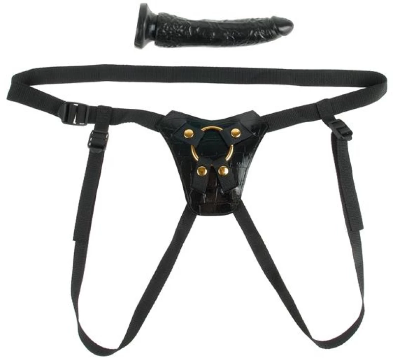 FETISH FANTASY GOLD DESIGNER STRAP-ON BLACK 18cm - ΣΤΡΑΠΟΝ ΜΑΥΡΟ 18εκ