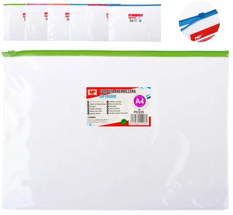 MP διάφανος φάκελος με zip PC035  Α4 21 x 29.7cm  διάφορα χρώματα