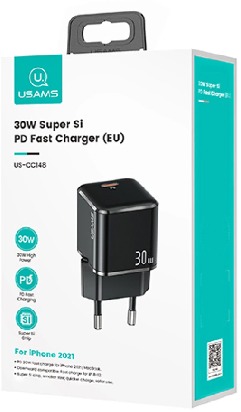 USAMS φορτιστής τοίχου US-CC148, USB-C, Super Si, PD 30W, μαύρος