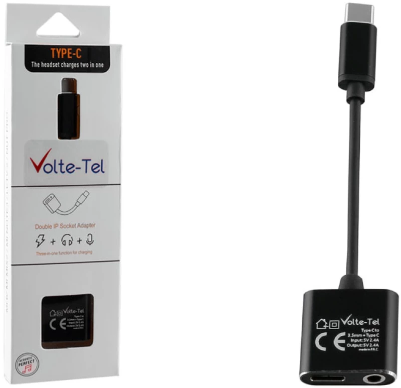 VOLTE-TEL ΜΕΤΑΤΡΟΠΕΑΣ 2 IN 1 ΦΟΡΤΙΣΗΣ ΚΑΙ AUDIO ADAPTER TYPE C TO 3.5MM JACK+TYPE C 2.4A BLACK