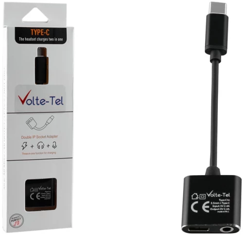 VOLTE-TEL ΜΕΤΑΤΡΟΠΕΑΣ 2 IN 1 ΦΟΡΤΙΣΗΣ ΚΑΙ AUDIO ADAPTER TYPE C TO 3.5MM JACK+TYPE C 2.4A BLACK