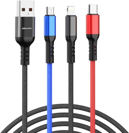 awei CL-971 3 in 1 1.2m 2.4A USB to 8 Pin + Micro USB + USB-C / Type-C Multi Charging Cable Black