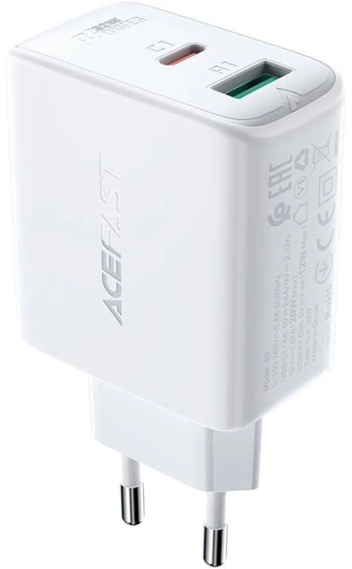 Φορτιστής Ταξιδίου Acefast A5 Fast Charging USB-C 20W+USB-A 12W PD20W, QC3.0 / QC2.0  32W Λευκός
