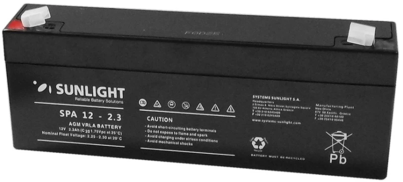 Μπαταρία Sunlight VRLA AGM (12V 2.3Ah) 0.90 kg 61mm x 39mm x 176mm