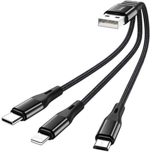 Καλώδιο σύνδεσης Hoco X47 Harbor 3 σε 1 USB σε Micro-USB, Lightning, USB-C 2.4A Μαύρο 0.25m