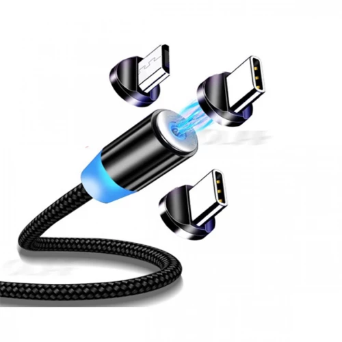 Μαγνητικό Καλώδιο Γρήγορης Φόρτισης 360° USB-A 3 σε 1 Lightning - USB-C - MicroUSB με Καλώδιο που δεν Μπλέκεται 1m & LED Ένδειξη Φόρτισης