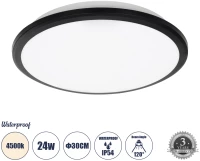GloboStar® TUFFIN 60997 Πλαφονιέρα Οροφής LED 24W 2640lm 120° AC 220-240V Αδιάβροχη IP54 Φ30 x Υ6.5cm Φυσικό Λευκό 4500K - Μαύρο - Bridgelux Chips - 3 Years Warranty