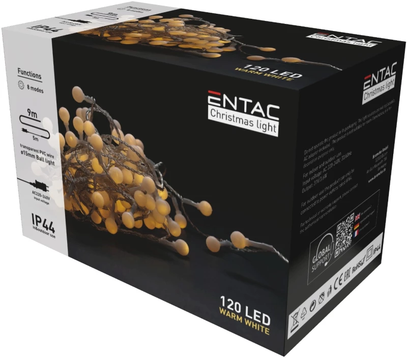 Entac χριστουγεννιάτικα λαμπάκια ip44 15mm μπάλες 120led 9m θερμό