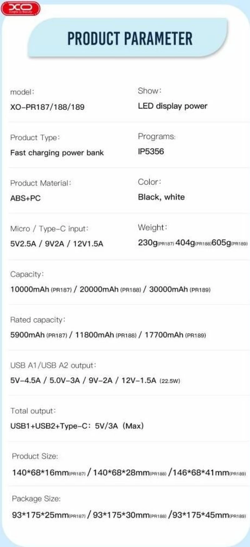 Xo pr188 20000mah power bank pd20w+qc22.5w