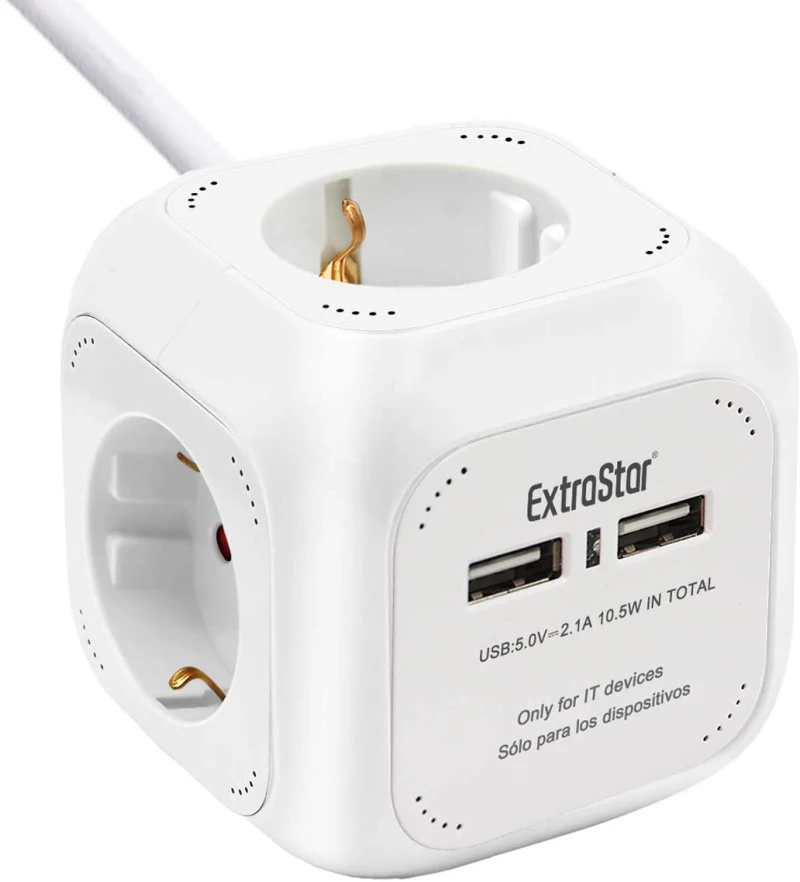 Πολύπριζο 4 Θέσεων με 2 x USB ExtraStar© Extended με Καλώδιο 1,5m & Βάση Στήριξης Λευκό