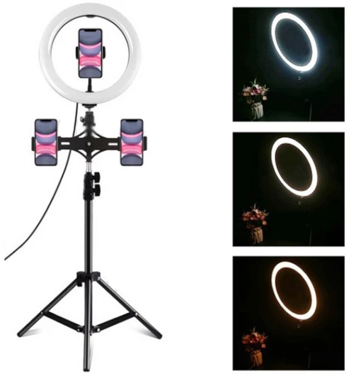 Φωτογραφικό Φωτιστικό Δαχτυλίδι LED 26cm USB με Ρυθμιζόμενο Θερμό & Ψυχρό Φωτισμό - Dimmer - Τρίποδο & 3 Βάσεις Στήριξης Κινητού - Ring Light Lamp PKT3053B