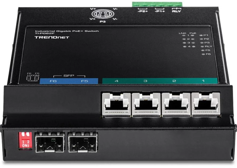 Network Switch Trendnet 6-Port Industrial Gigabit PoE+ WallMount Front Acc.