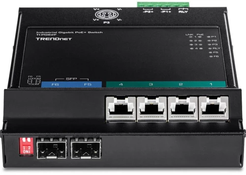 Network Switch Trendnet 6-Port Industrial Gigabit PoE+ WallMount Front Acc.