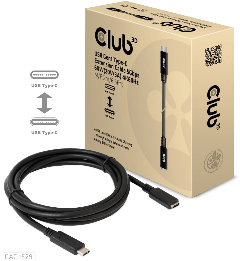 Καλώδιο USB Club 3D CAC-1529 USB Gen1 Type-C 5Gbps 60W(20V/3A) 4K60Hz M/F 2m