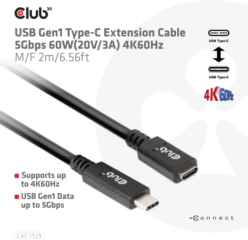 Καλώδιο USB Club 3D CAC-1529 USB Gen1 Type-C 5Gbps 60W(20V/3A) 4K60Hz M/F 2m