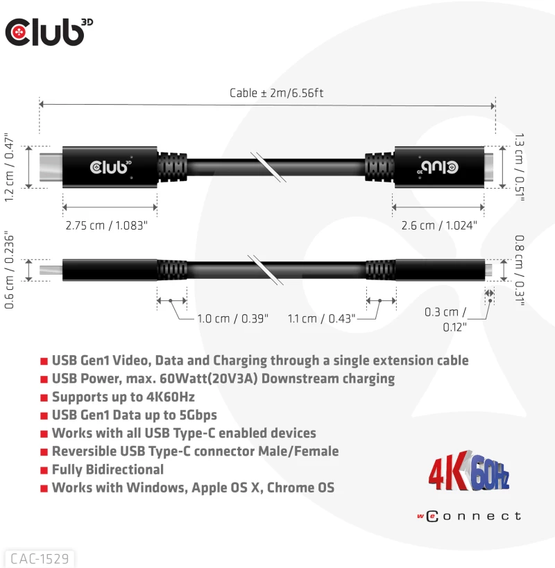 Καλώδιο USB Club 3D CAC-1529 USB Gen1 Type-C 5Gbps 60W(20V/3A) 4K60Hz M/F 2m