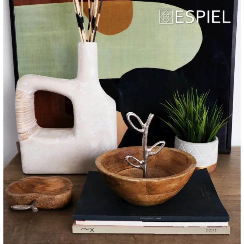 Μπωλ Ξύλινο Με Μεταλλική Λαβή Ασημί 25x25x21Εκ