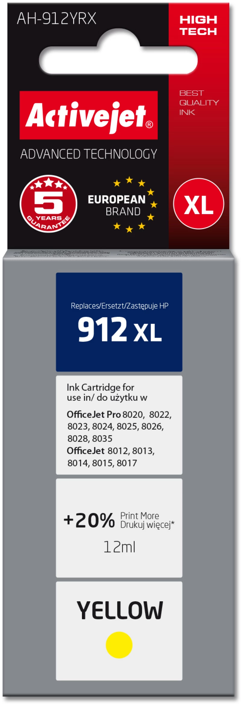 Activejet AH-912YRX ink for HP printers, Replacement HP 912XL 3YL83AE; Premium; 990 pages; yellow