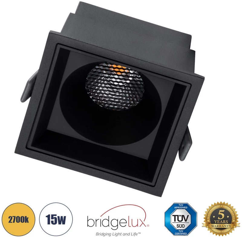 GloboStar PLUTO-B 60281 Χωνευτό LED Spot Downlight Μ10.4xΠ10.4cm 15W 38° Τετράγ. Μαύρο - Θερμό 2700K