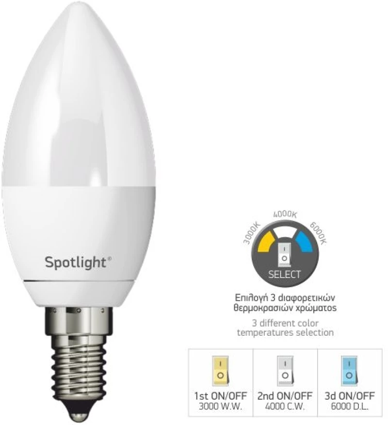 ΛΑΜΠΤΗΡAΣ LED ΚΕΡΙ E14 5W SWITCH TEMP με επιλογή θερμοκρασίας χρώματος - SpotLight (5577)
