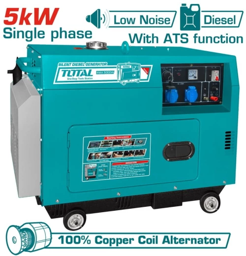TOTAL Γεννήτρια DIESEL Μονοφασική κλειστού τύπου 5.000W Με αυτόματο μεταγωγικό πίνακα ATS (TP250001-1)