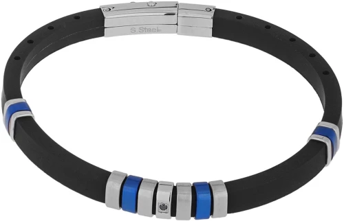 Βραχιόλι Ανδρικό με Καουτσούκ και Ατσάλι 316L / Ασημί, Μαύρο και Μπλέ Χρώμα / Μήκος 21 cm / Φάρδος 7,50 mm / VISETTI / DI-BR069M