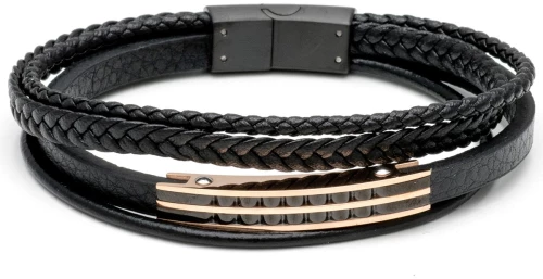 Βραχιόλι Ανδρικό με Δέρμα Μαύρο και Ατσάλι 316L σε Ροζέ Χρώμα / Μήκος 21 cm / Φάρδος 10,00 mm / VISETTI / 21C-BR013RB