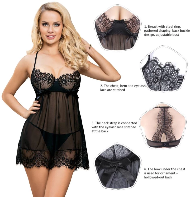 Sexy Black Sheer Floral Eyelash Trim Lace Babydoll Set