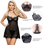 Sexy Black Sheer Floral Eyelash Trim Lace Babydoll Set
