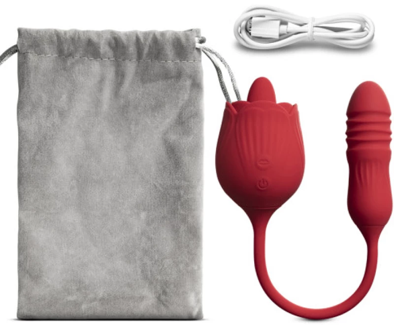 RED silicone clitoral Rose Licking Tongue with thrusting Bullet