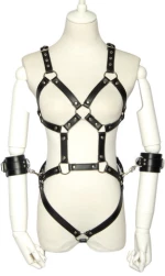 Naughty Toys Strap Style leather restraint bodysuit with cuffs
