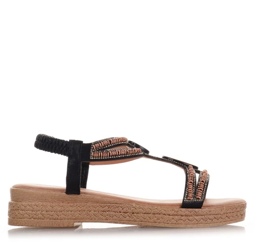 Μαύρα Σανδάλια Flatforms με Strass & Χάντρες Famous