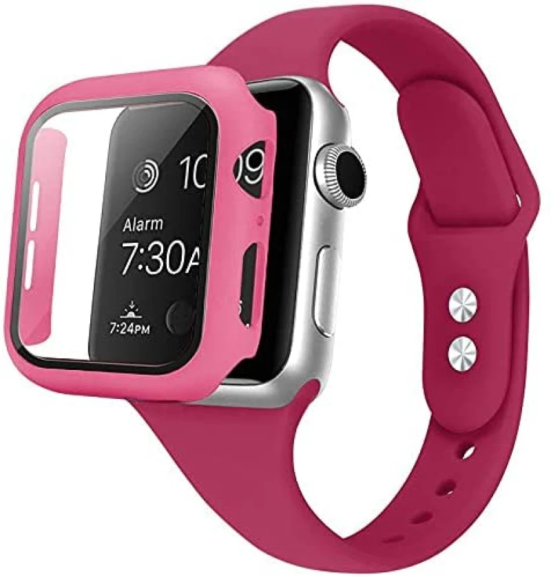 2 in 1 Silicone Strap Watch Band & Protective Case Cover With Tempered Glass Size 38/40- Pomegranate(oem)