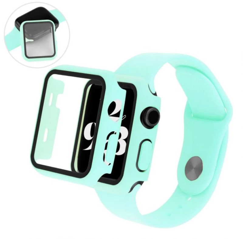 2 in 1 Silicone Strap Watch Band & Protective Case Cover With Tempered Glass Size 38/40- Mint (oem)