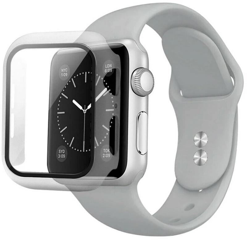 2 in 1 Silicone Strap Watch Band & Protective Case Cover With Tempered Glass Size 38/40- Grey (oem)