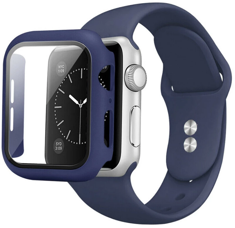 2 in 1 Silicone Strap Watch Band & Protective Case Cover With Tempered Glass Size 38/40- Dark Blue  (oem)
