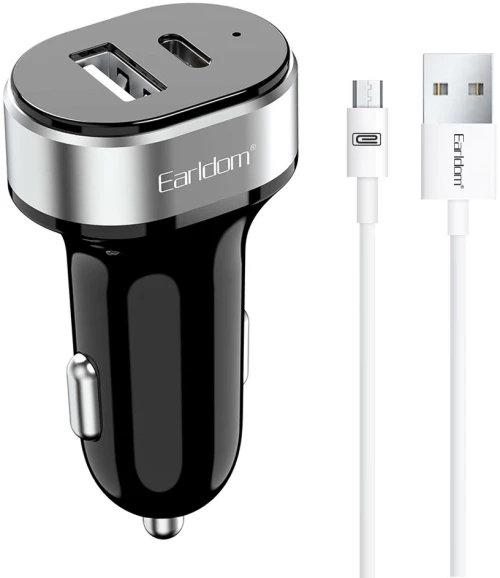 Φορτιστή αυτοκινήτου Earldom ES-CC14, 1xUSB, 1xType-C, με καλώδιο Micro USB, Μαυρο - 40241