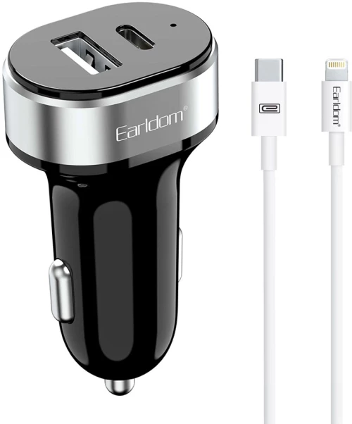 Φορτιστή αυτοκινήτου Earldom ES-CC14, 1xUSB, 1xType-C, με καλώδιο PD Lightning, Μαυρο - 40245