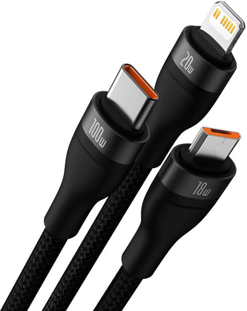 Baseus 3in1 USB cable Baseus Flash Series 2, USB-C + micro USB + Lightning, 100W, 1.2m (black) 034552