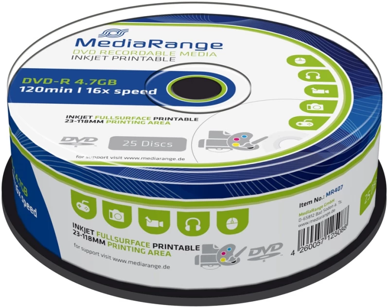 MediaRange DVD-R 120' 4.7GB 16x Cake Box x 25 Inkjet fullsurface printable (MR407)