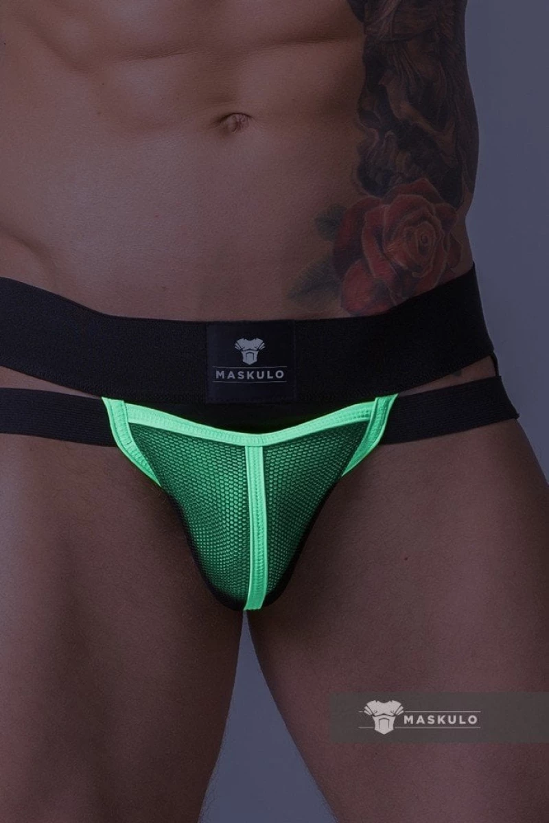 Maskulo Youngero. Men'sGlow Jockstraps. Mesh Codpiece Neon Green